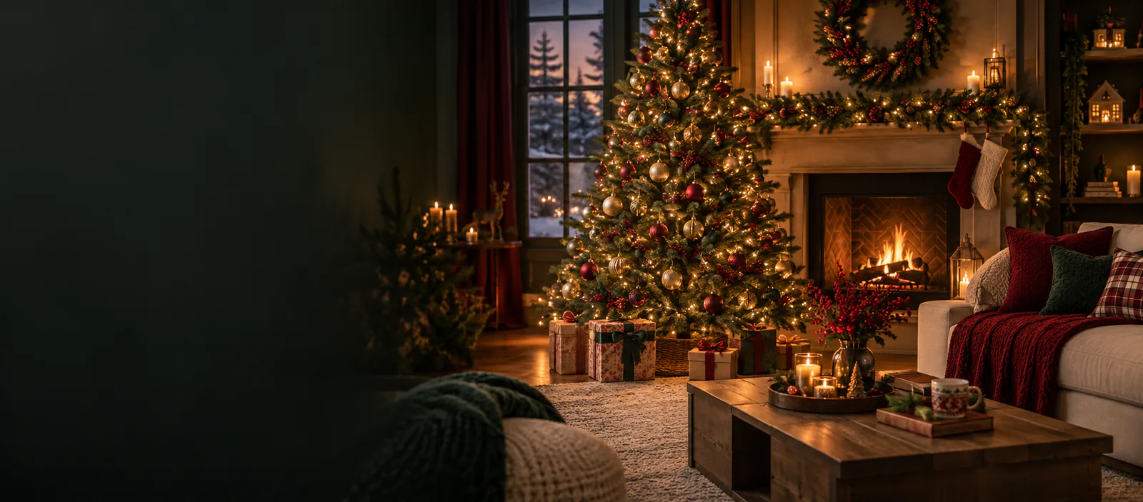Warm Christmas room with festive lights