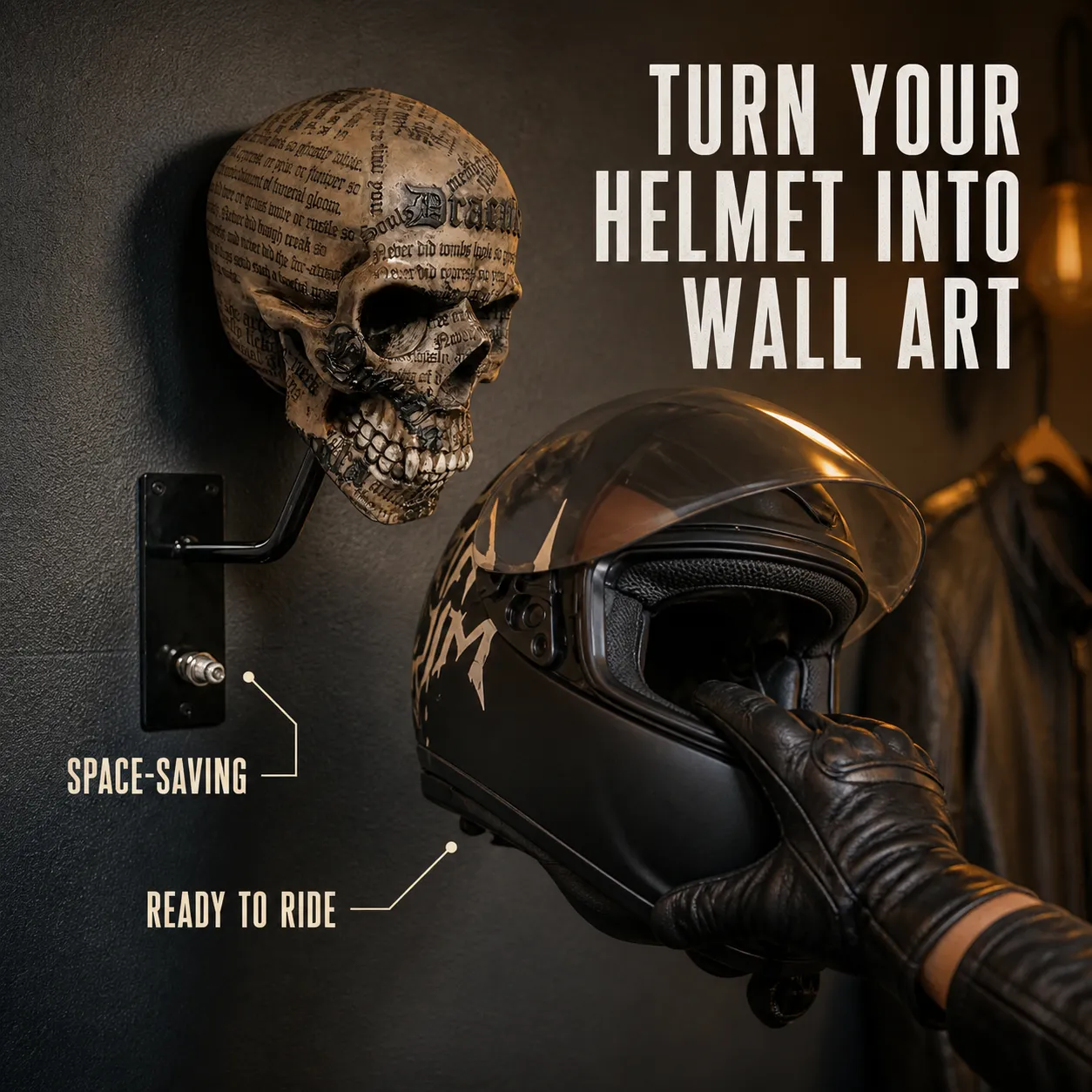 Antique script skull helmet display in a garage