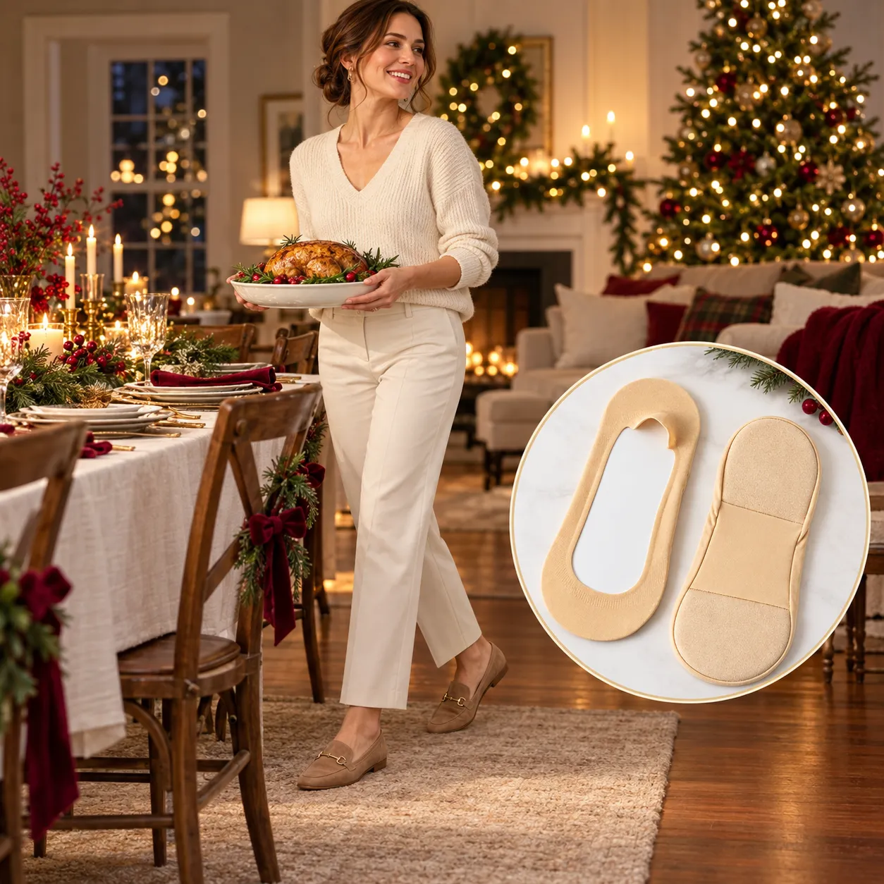 Woman hosting Christmas dinner in loafers with skin-tone low-cut cushioned socks