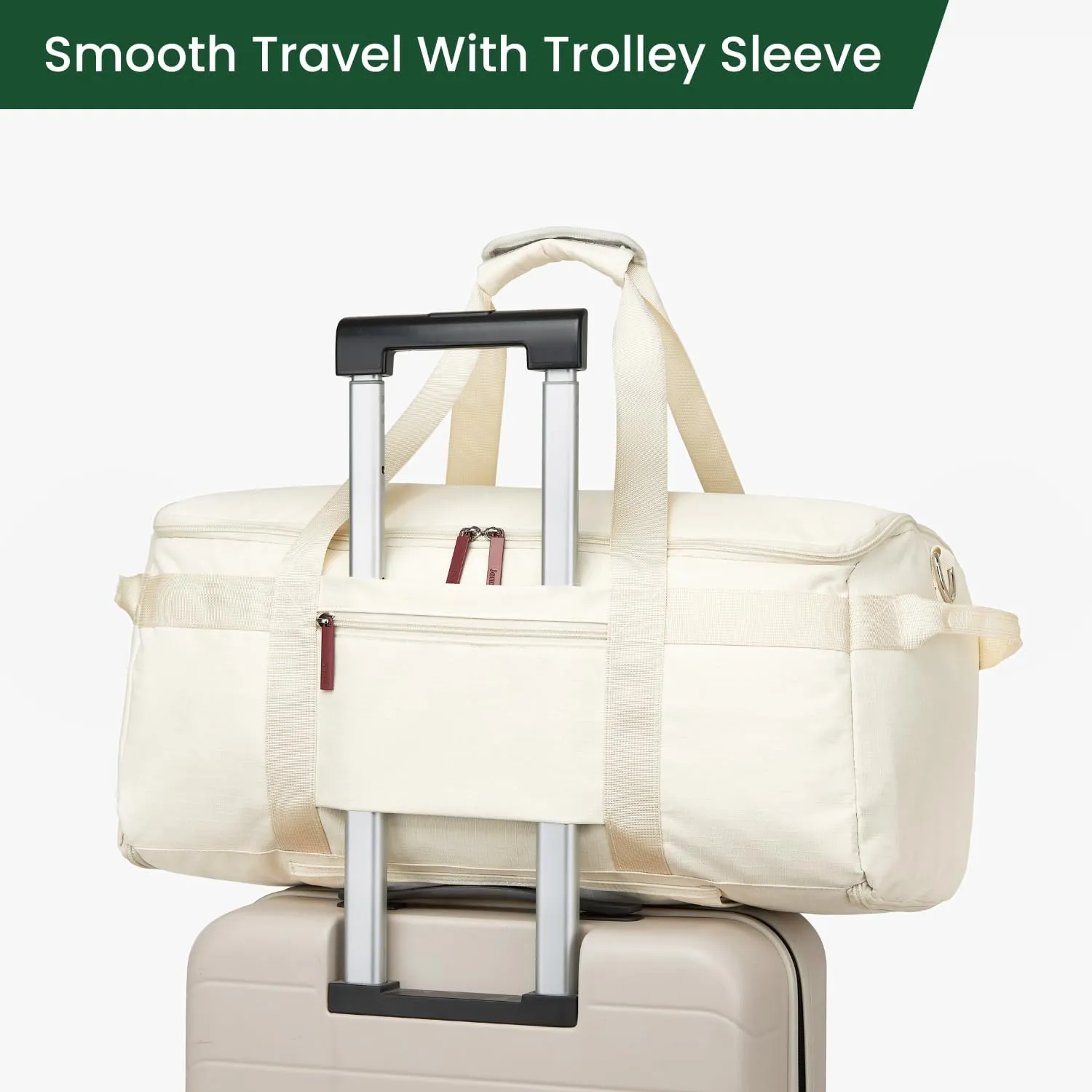 Rear trolley sleeve secured over a suitcase handle