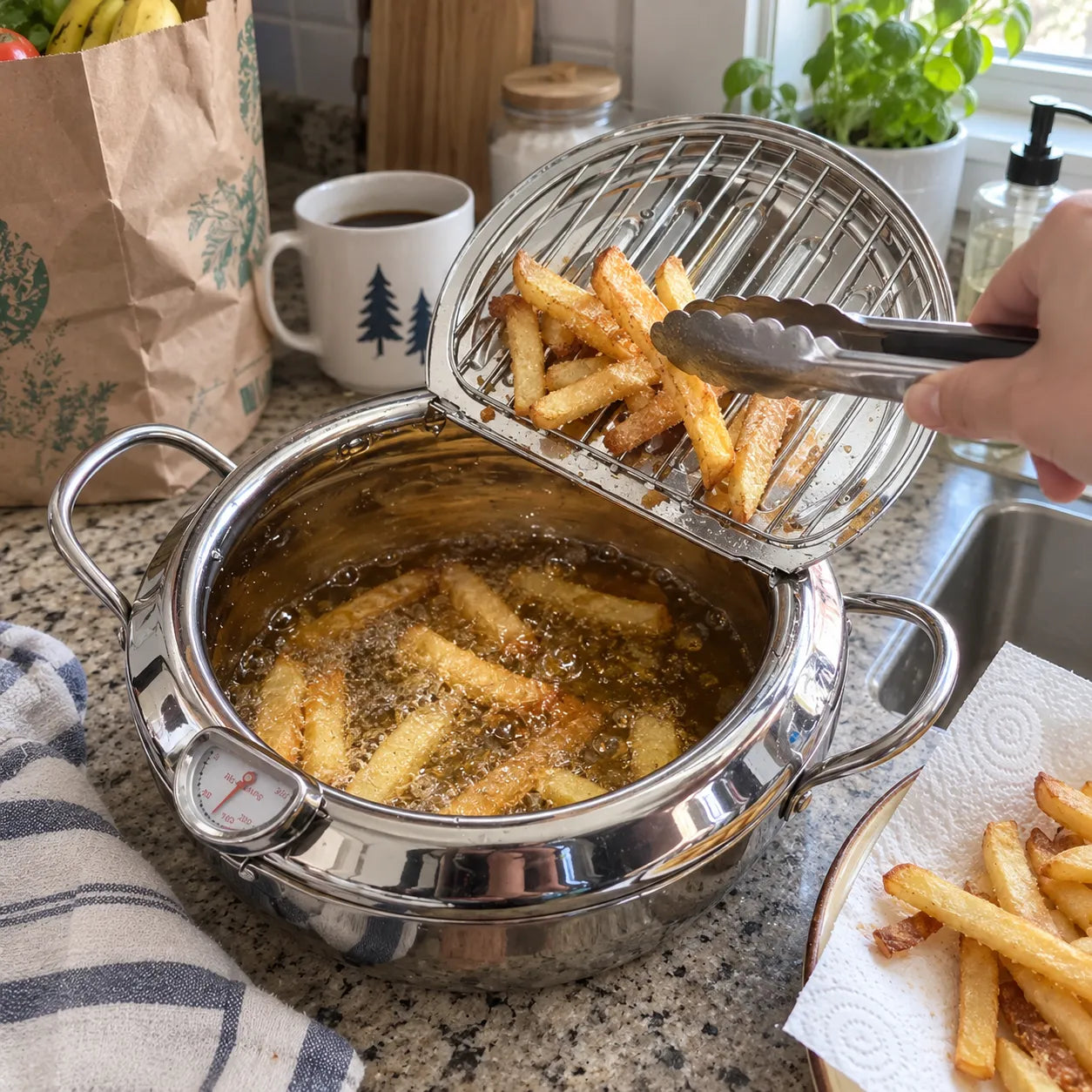 Homemade fries draining on the raised fryer rack in a small kitchen