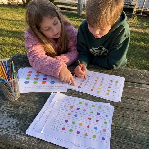 Two siblings sharing colorful printed activity sheets at an outdoor picnic table