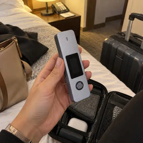 Traveler holding the compact SSD enclosure in a hotel room