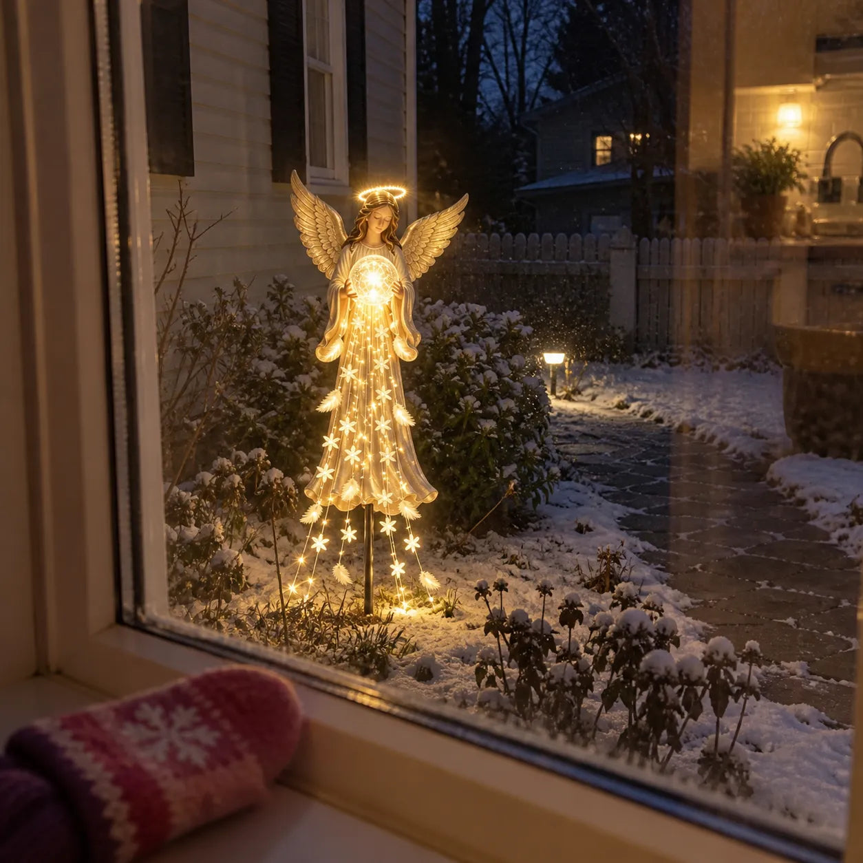 Angel light glowing beyond a winter kitchen window