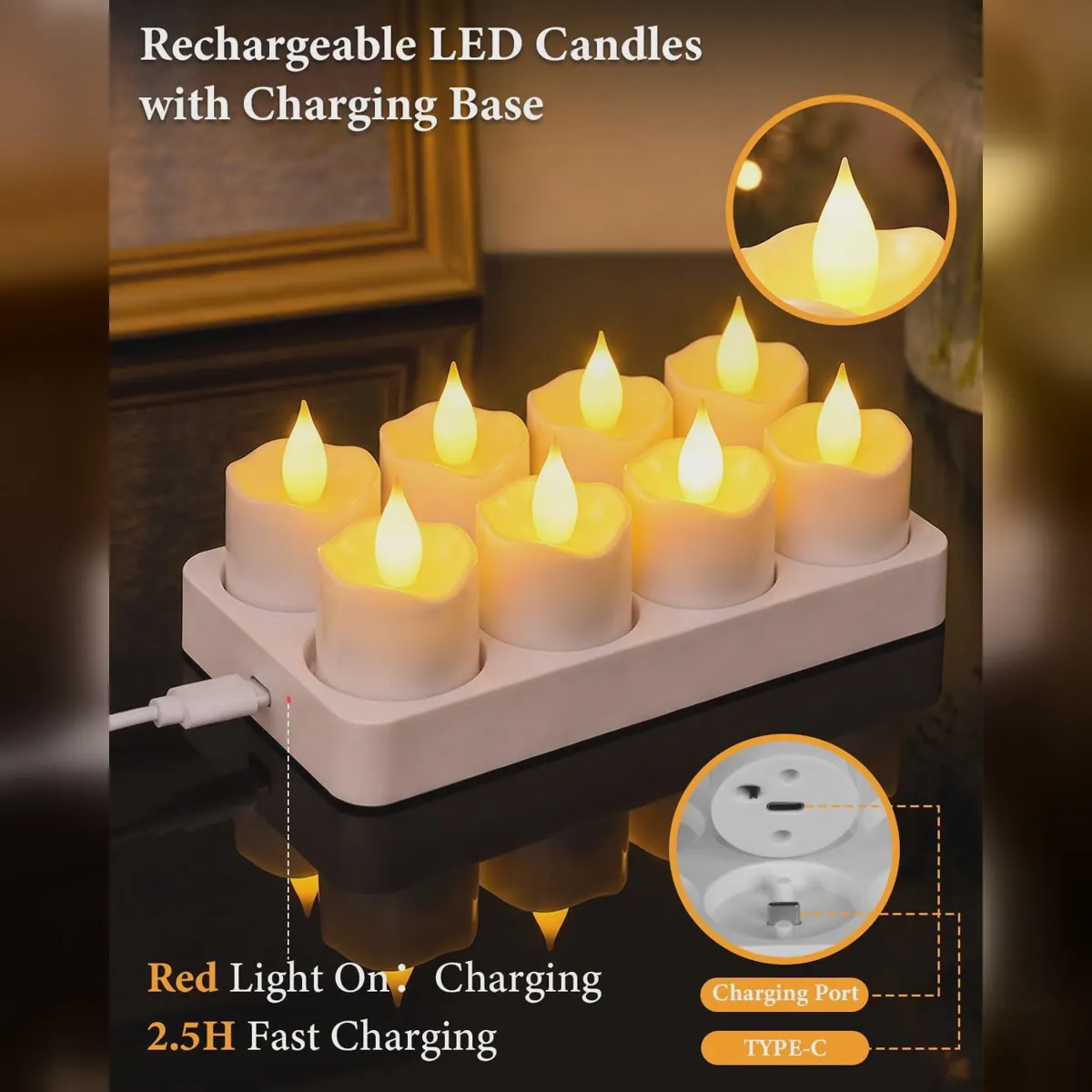 Rechargeable LED candles on their USB-C charging base
