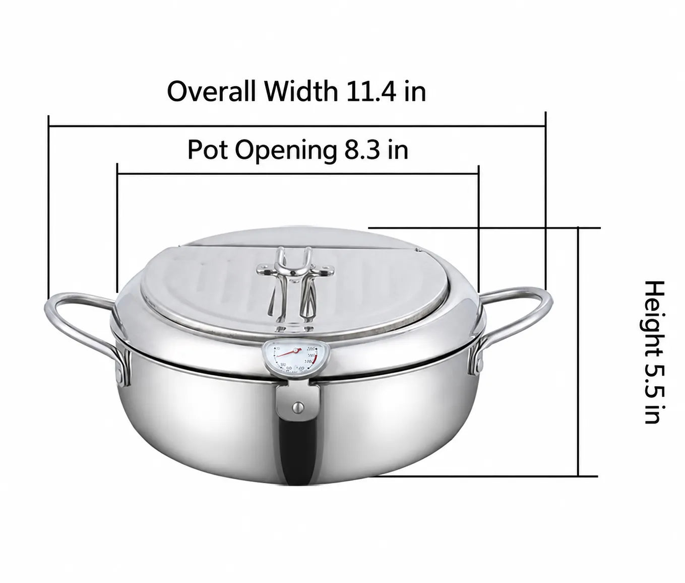 Fryer dimensions showing overall width, pot opening, and height in inches