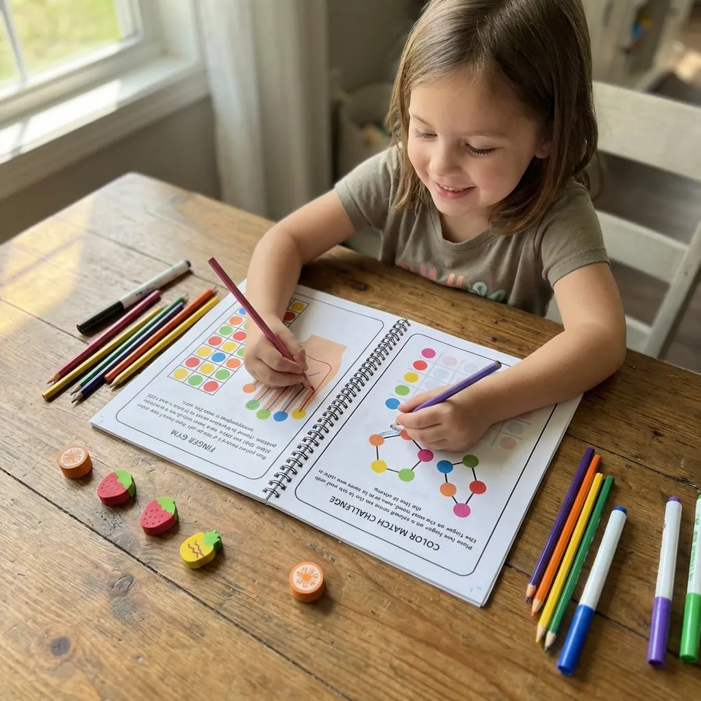 Child working on colorful printed learning activities at home