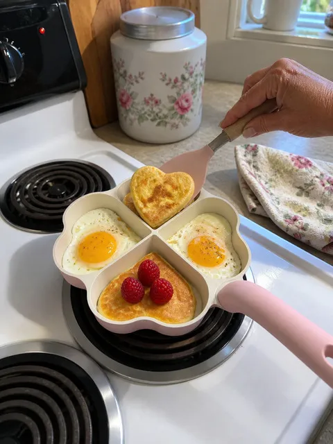 Heart-shaped breakfast portion lifted from the four-section pan