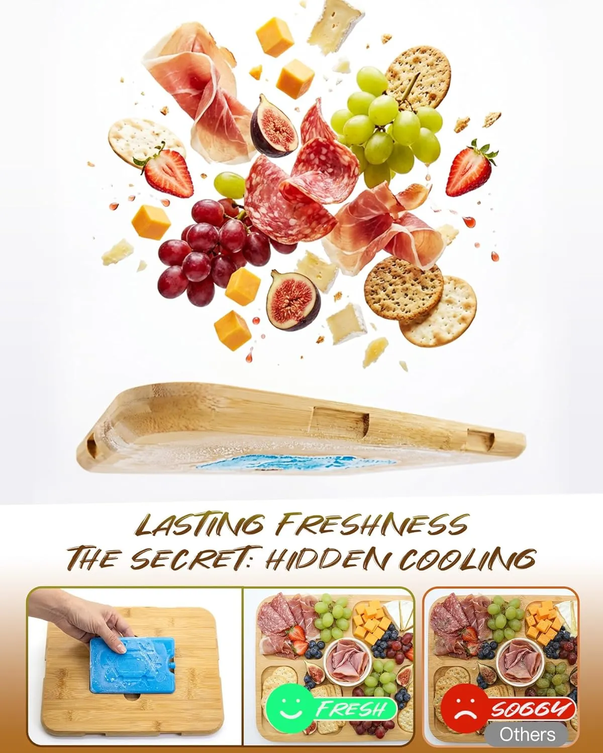 Concealed removable ice pack slot under the bamboo serving board
