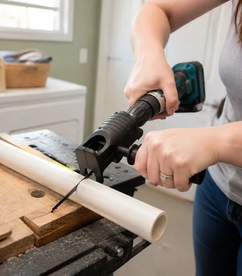 Woman using the black drill-powered jigsaw adapter to cut white PVC pipe in a utility room