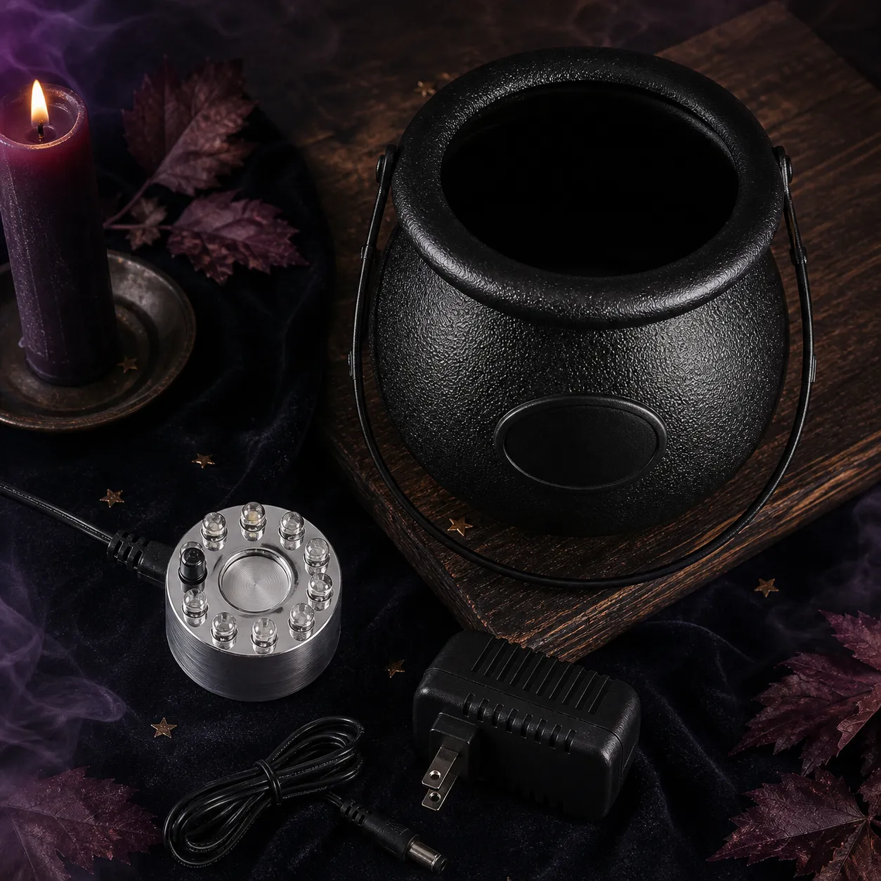 Complete cauldron fogger set on a Halloween flat lay