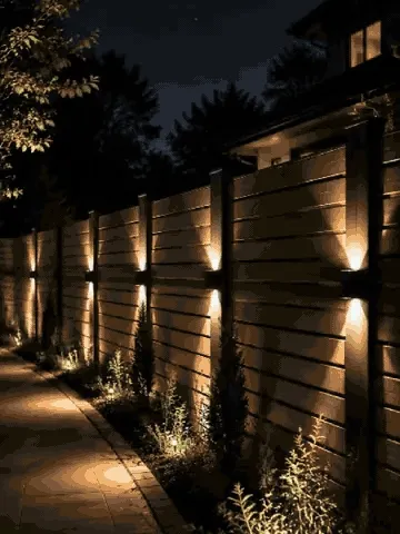 Solar wall lights changing from daytime to illuminated nighttime modes