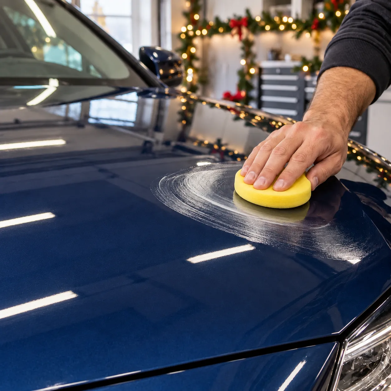 Applying ceramic wax evenly to a clean car hood
