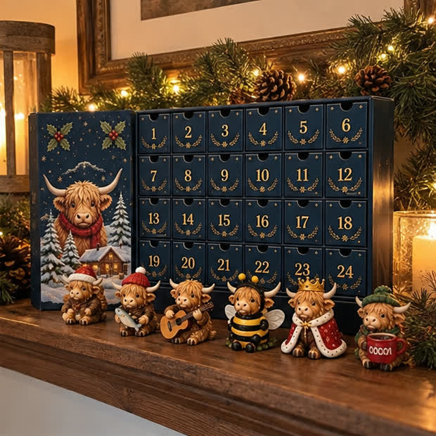Highland cow advent calendar and mini figures on a casual home mantel