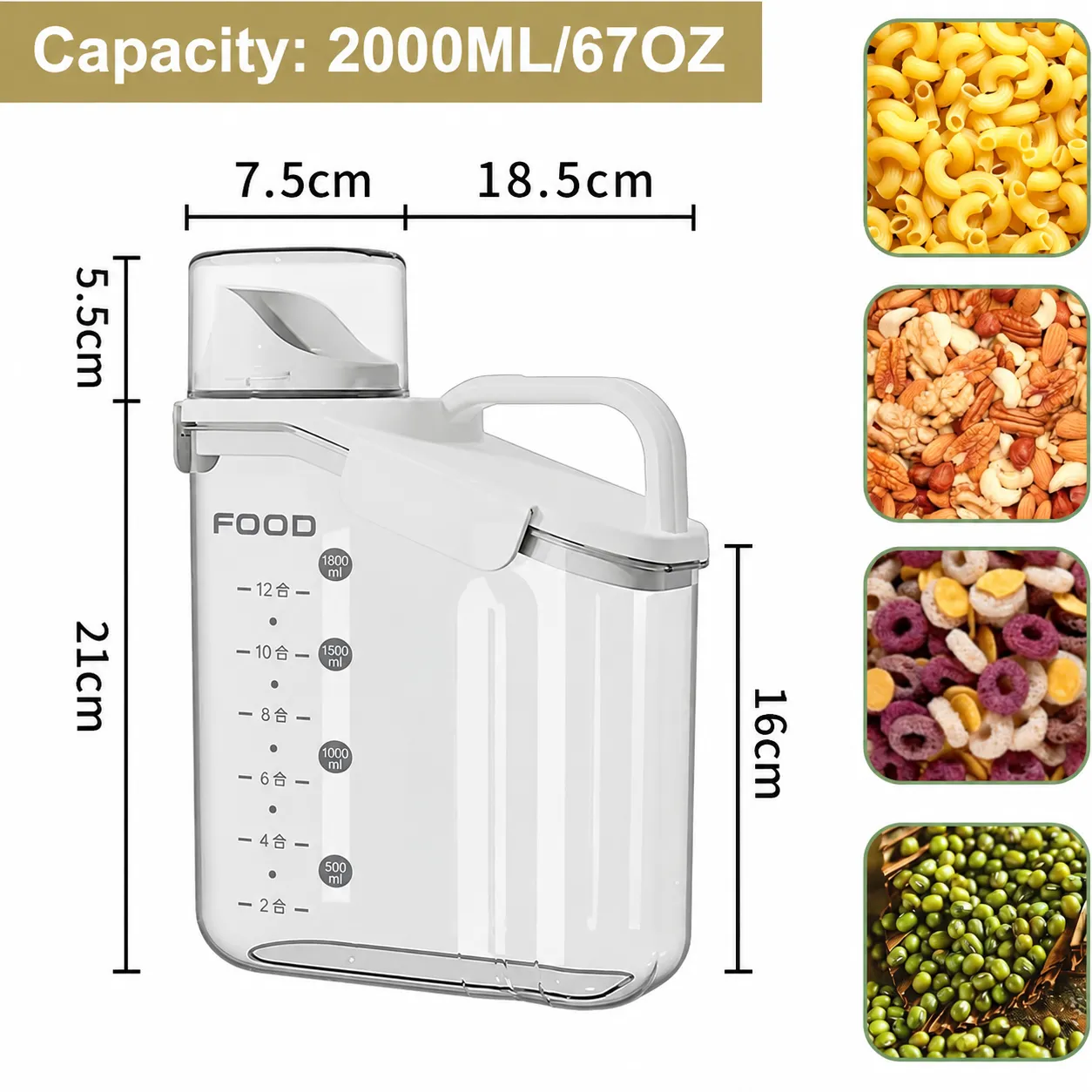 2L pantry dispenser dimensions and dry-food capacity examples