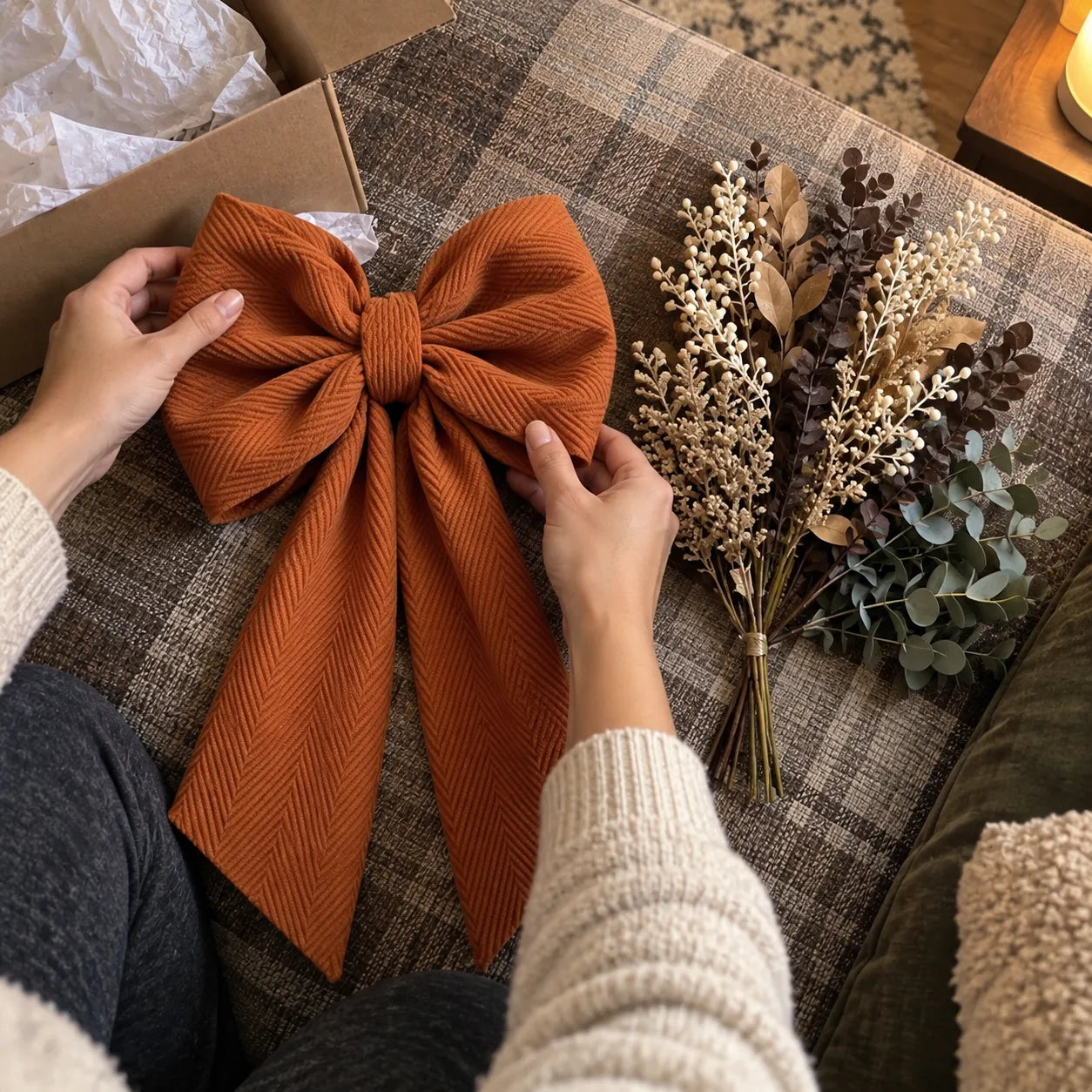 Autumn bow being shaped after unpacking; decorative foliage shown is not included