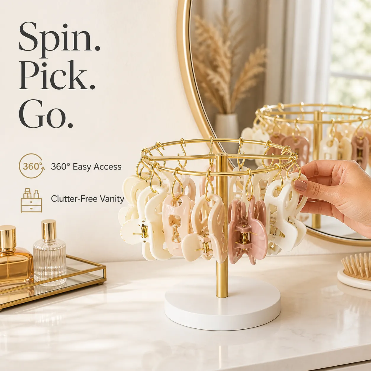 Rotating gold-tone claw clip organizer on a bright vanity