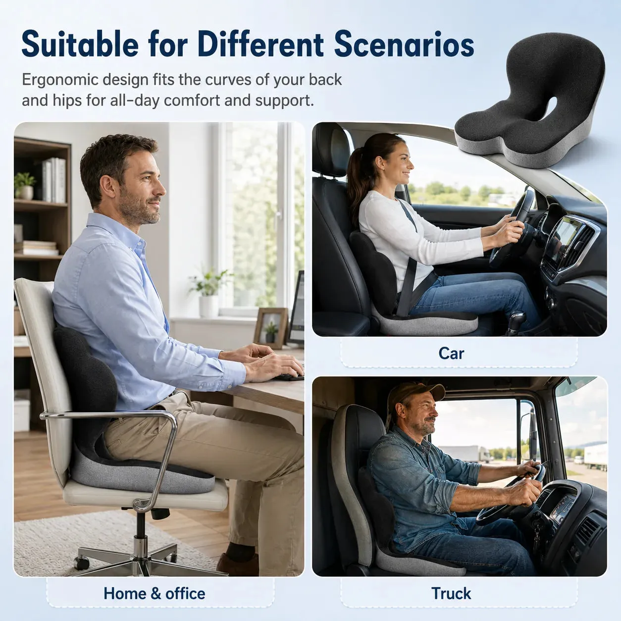 Integrated support cushion shown in car, truck, and office seating