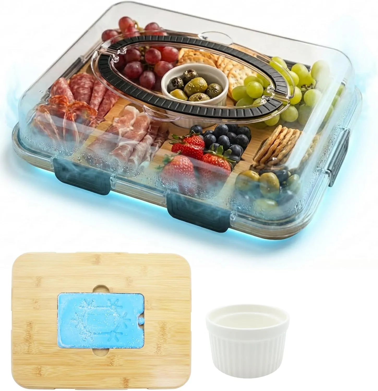Complete portable bamboo charcuterie board with clear locking lid, cup and ice pack