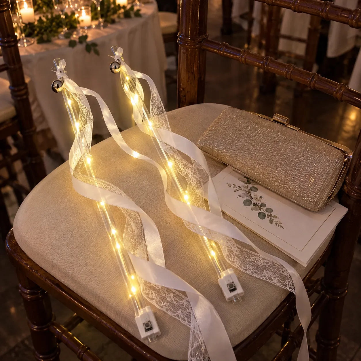 Two glowing ribbon fairy wands resting on a chair after a reception