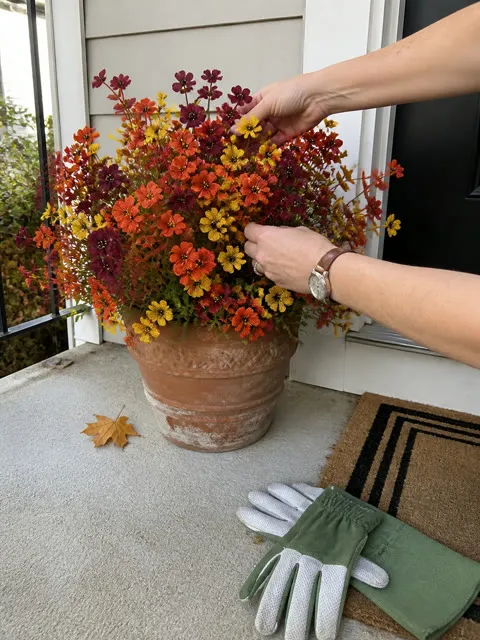 Fall flower stems being arranged in a terracotta porch planter
