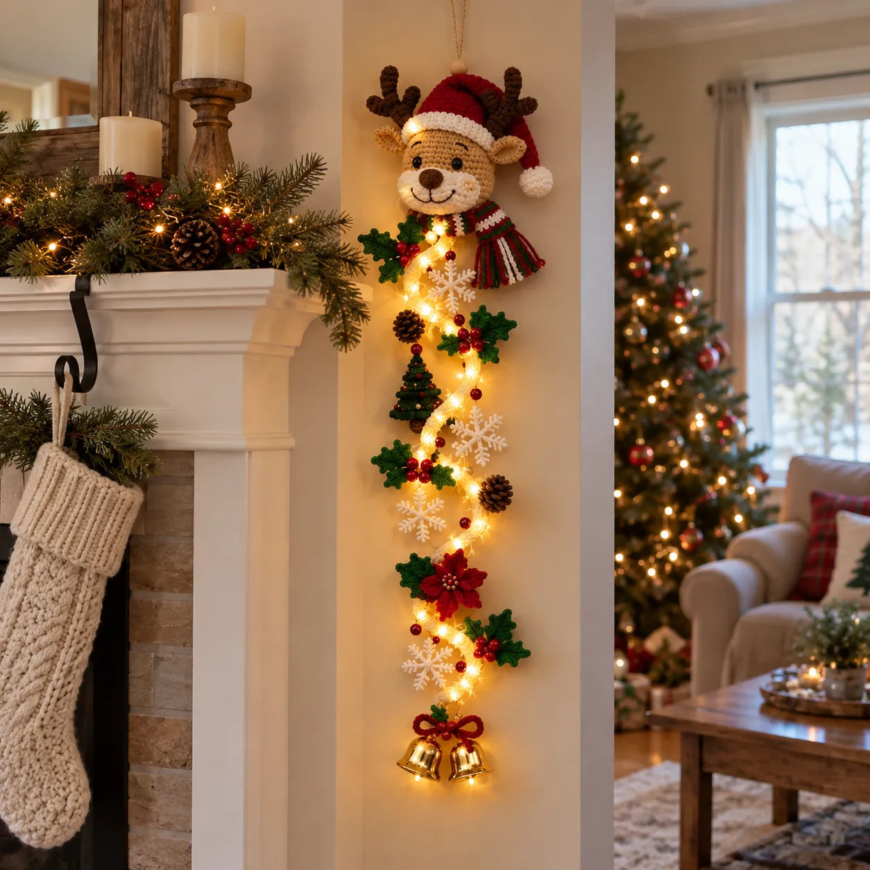 Christmas decoration near a mantel and tree