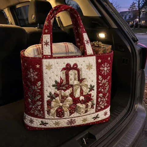 Red Christmas tote holding potluck items and gifts in a car trunk