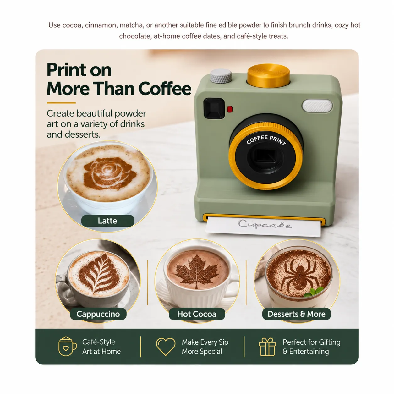 Coffee art camera used with lattes, hot cocoa, and desserts