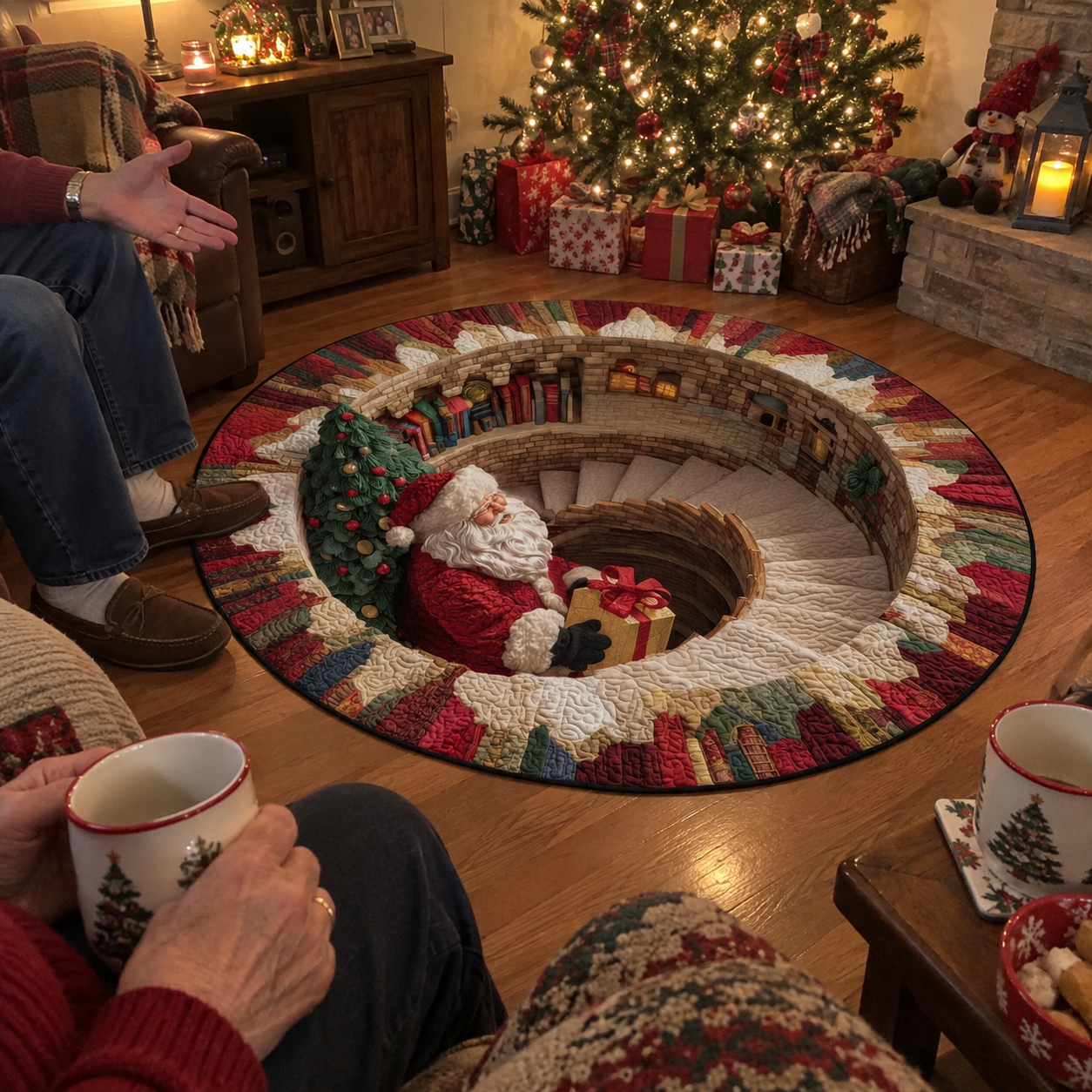 Runder Teppich mit 3D-Weihnachtsmann-Wendeltreppe – optische Weihnachtsillusion – Produktabbildung