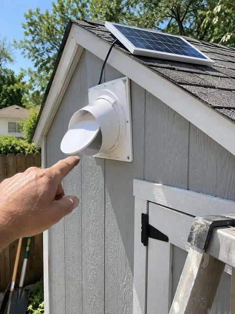 Solar exhaust fan installed on a backyard shed after setup