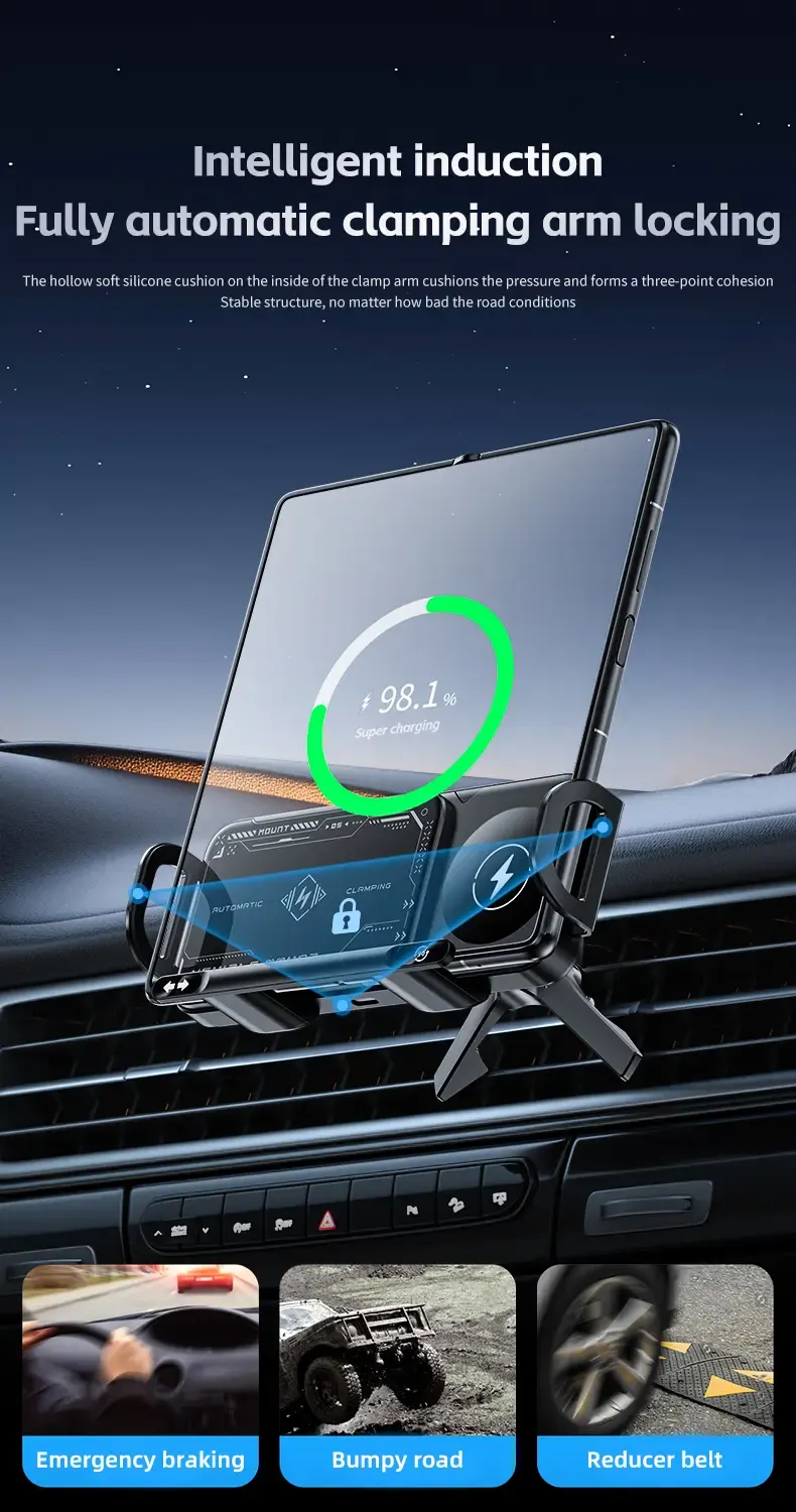 Product Introduction of Wireless Charging Phone Holder Car Mount for Folding Screen/Universal Smartphone, 90° Rotating Car Mount Output Power 15W, Super Stable Air Vent Cell Phone Car Mount with Hook Clip, One Button Release for iPhone, Samsung, Google, and Other Smartphone 9