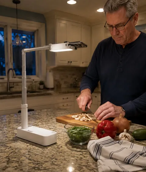 Phone stand used above a kitchen counter