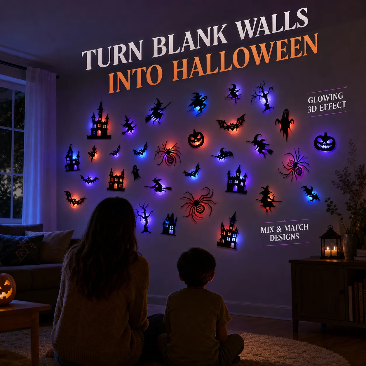 Family enjoying a wall of glowing Halloween silhouettes