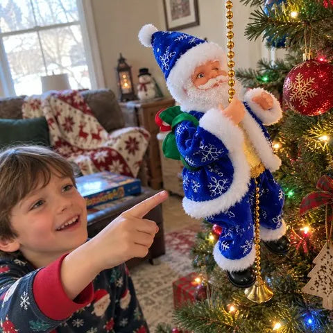 Child watching a blue snowflake climbing Santa by the tree
