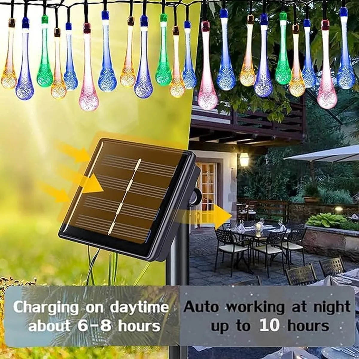 Solar panel charging by day and multicolor waterdrop lights glowing at night