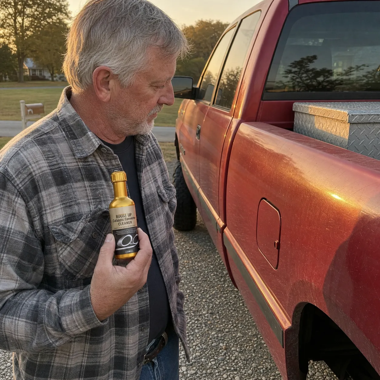 Customer holding the cleaner beside a pickup truck