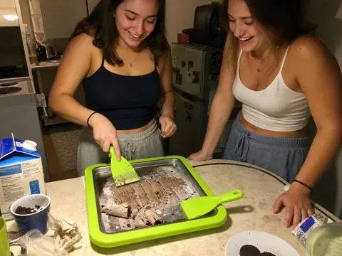 Roommates making chocolate cookie ice cream