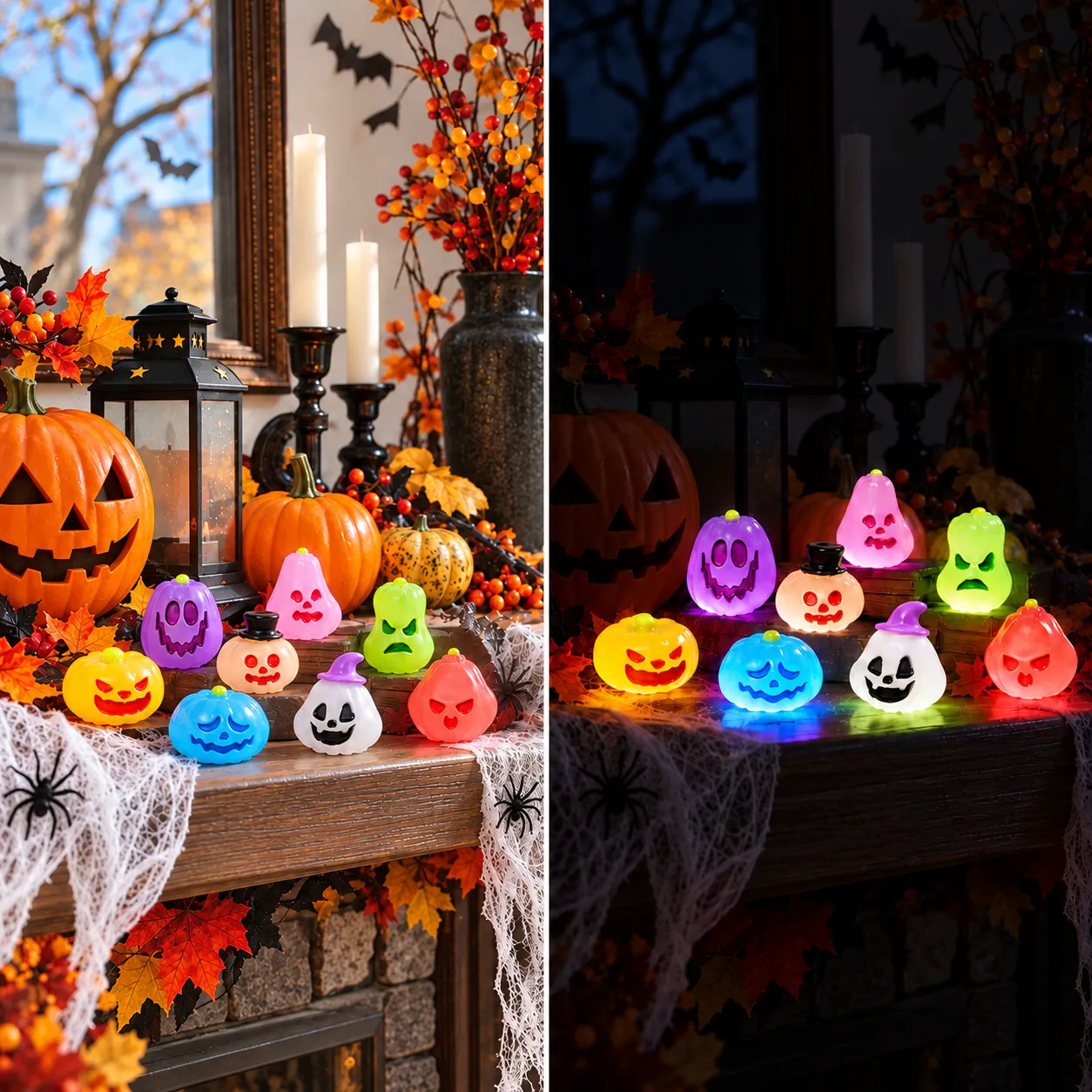 The same eight mini Halloween figures shown in bright daylight and glowing after dark