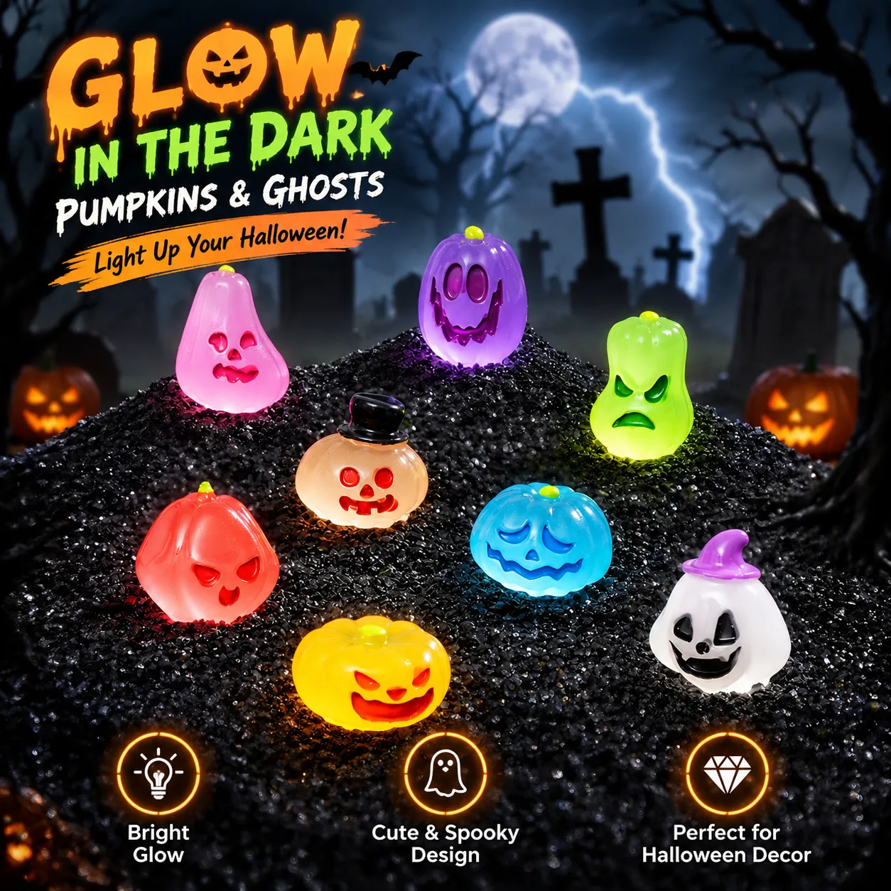 Eight colorful mini glow pumpkin and ghost designs