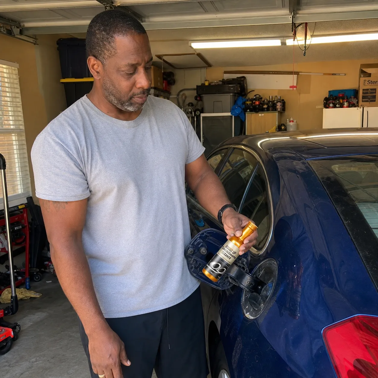 Customer using the cleaner in a home garage