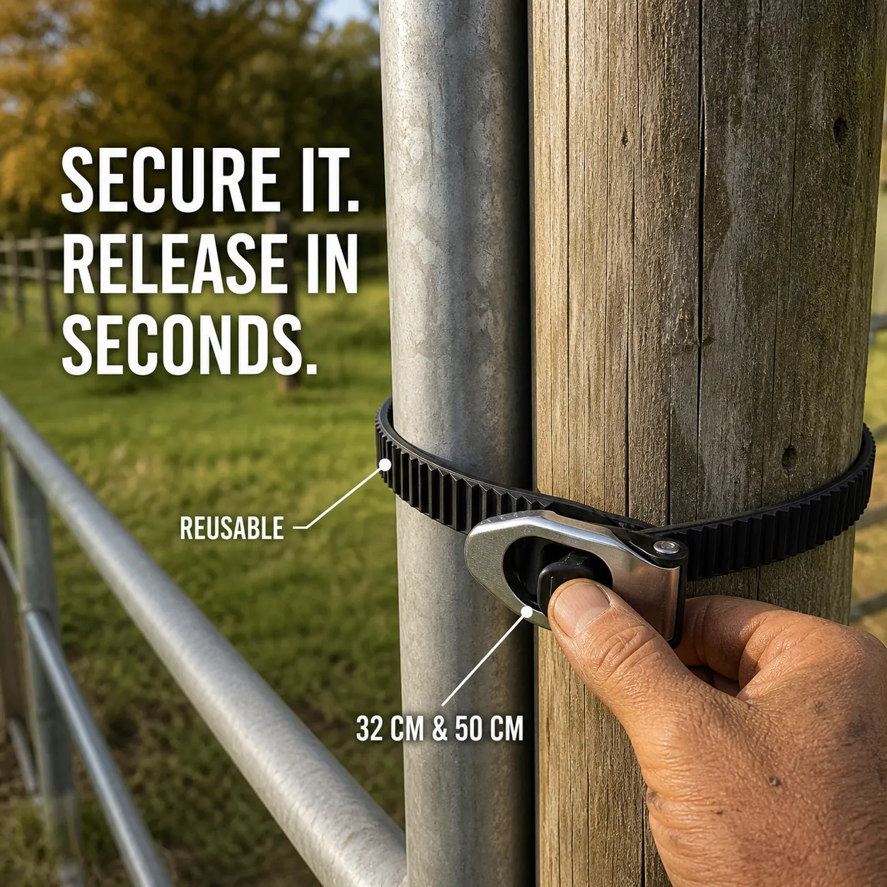Quick-lock strap holding a metal gate tube snug against a wooden post