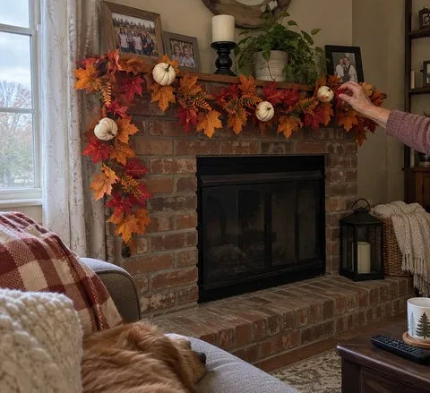 Maple leaf garland with white pumpkins on a brick mantel
