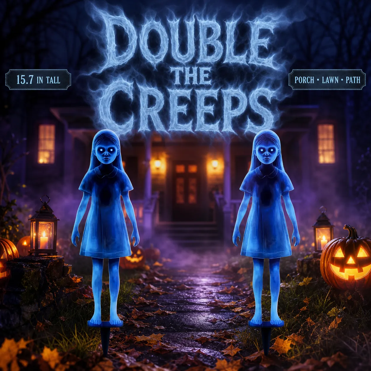 Two ghost-girl stakes beside a foggy Halloween walkway