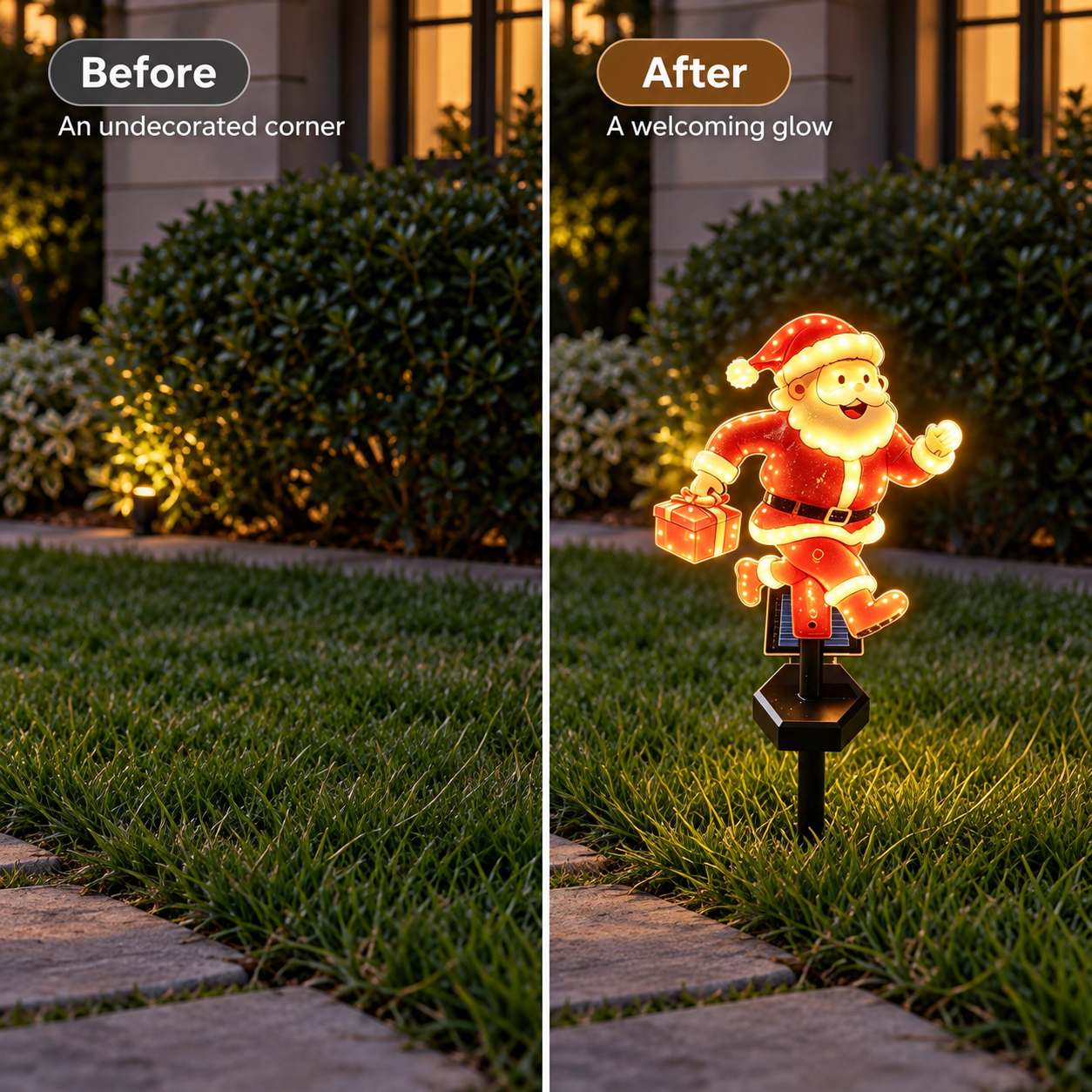 Same garden corner before and after adding a decorative light