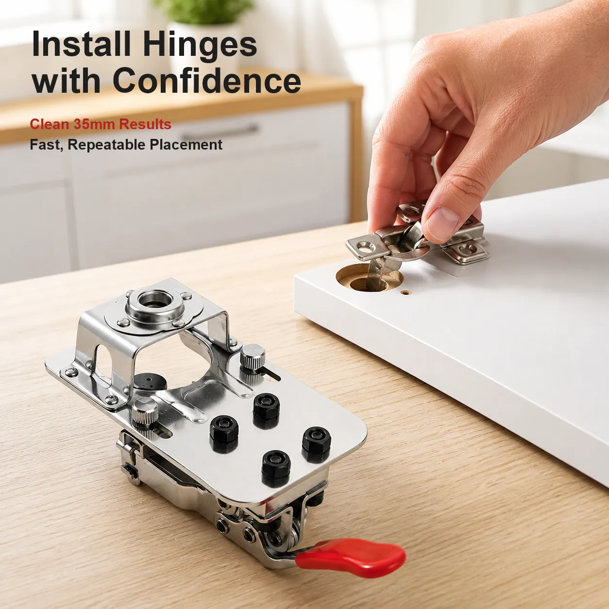 Hinge jig beside a clean concealed-hinge cup hole