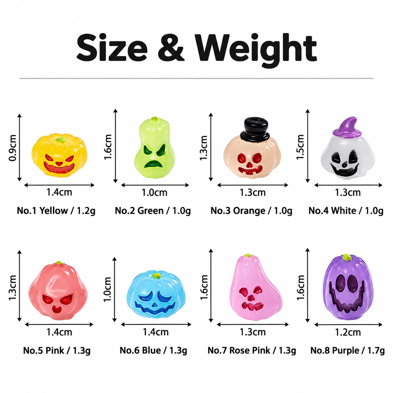 Dimensions and weights for the eight mini pumpkin and ghost designs