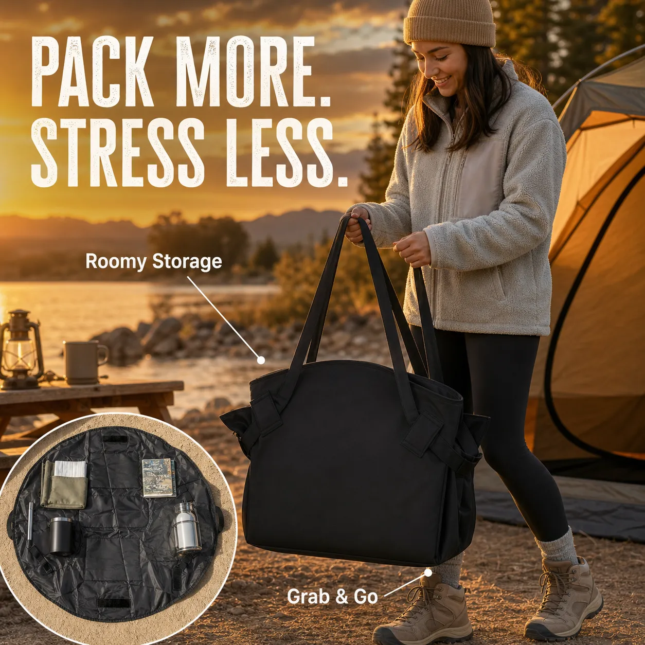 Woman carrying the black travel and camping storage tote