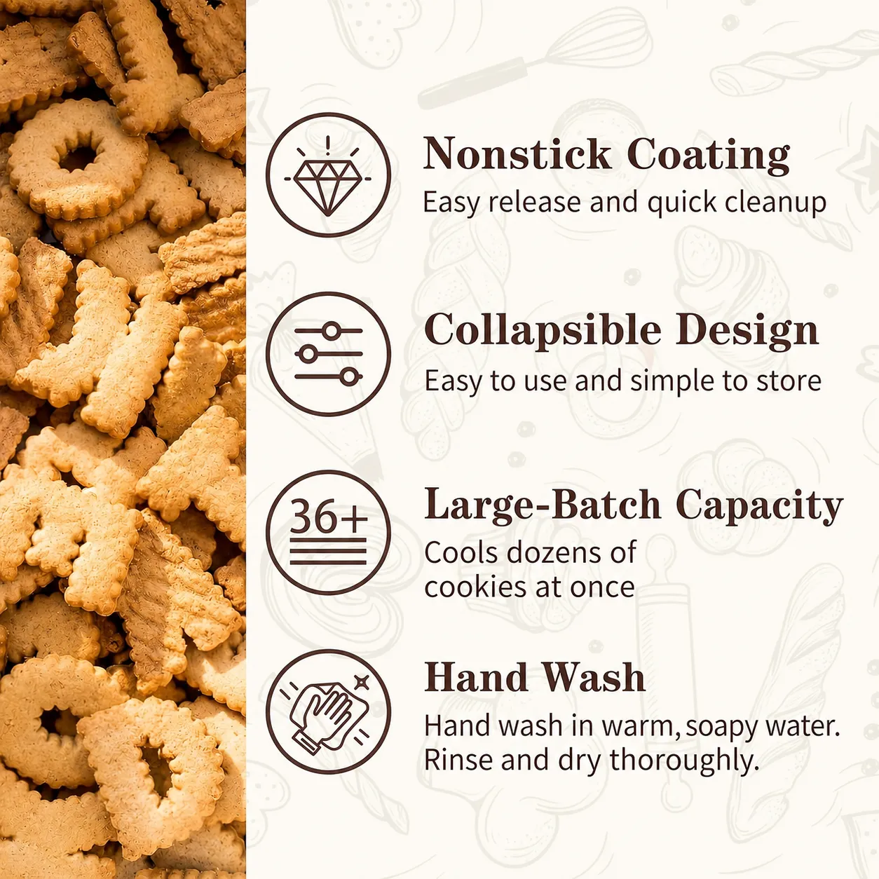 Cooling rack benefits, foldable design, large-batch capacity and care instructions