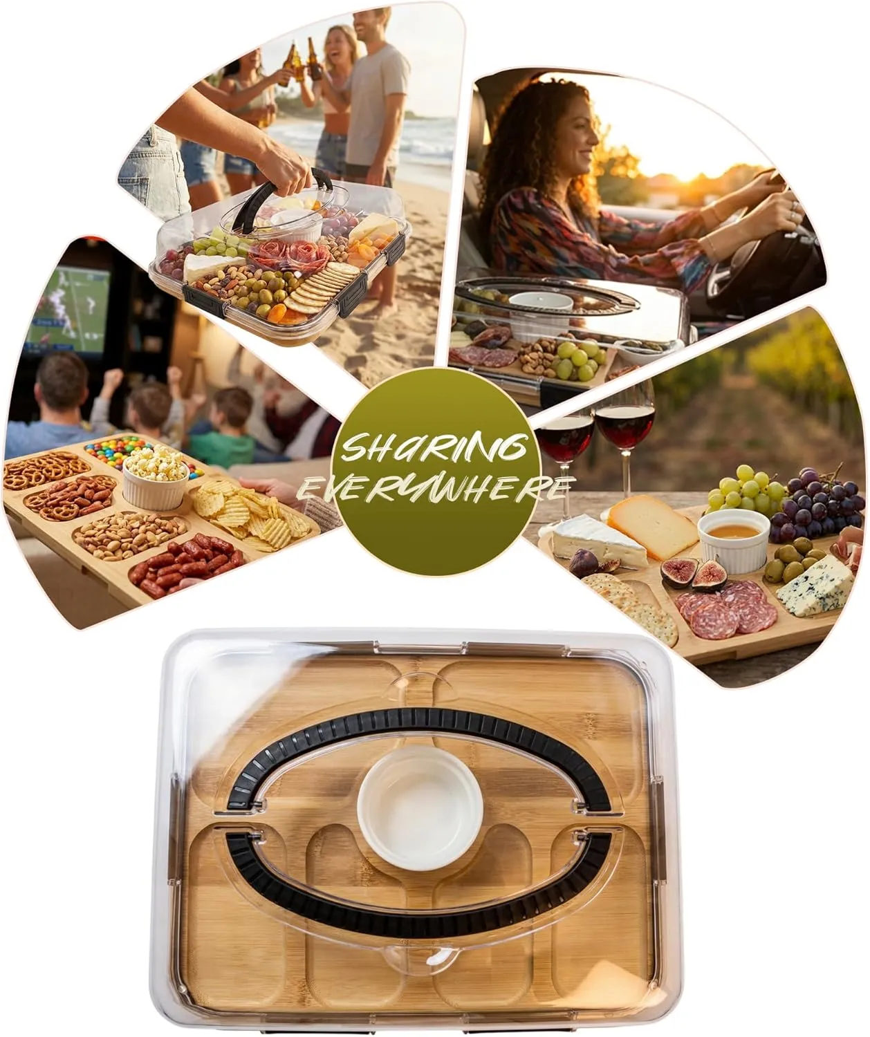 Portable charcuterie board used across picnic, car and home entertaining scenes