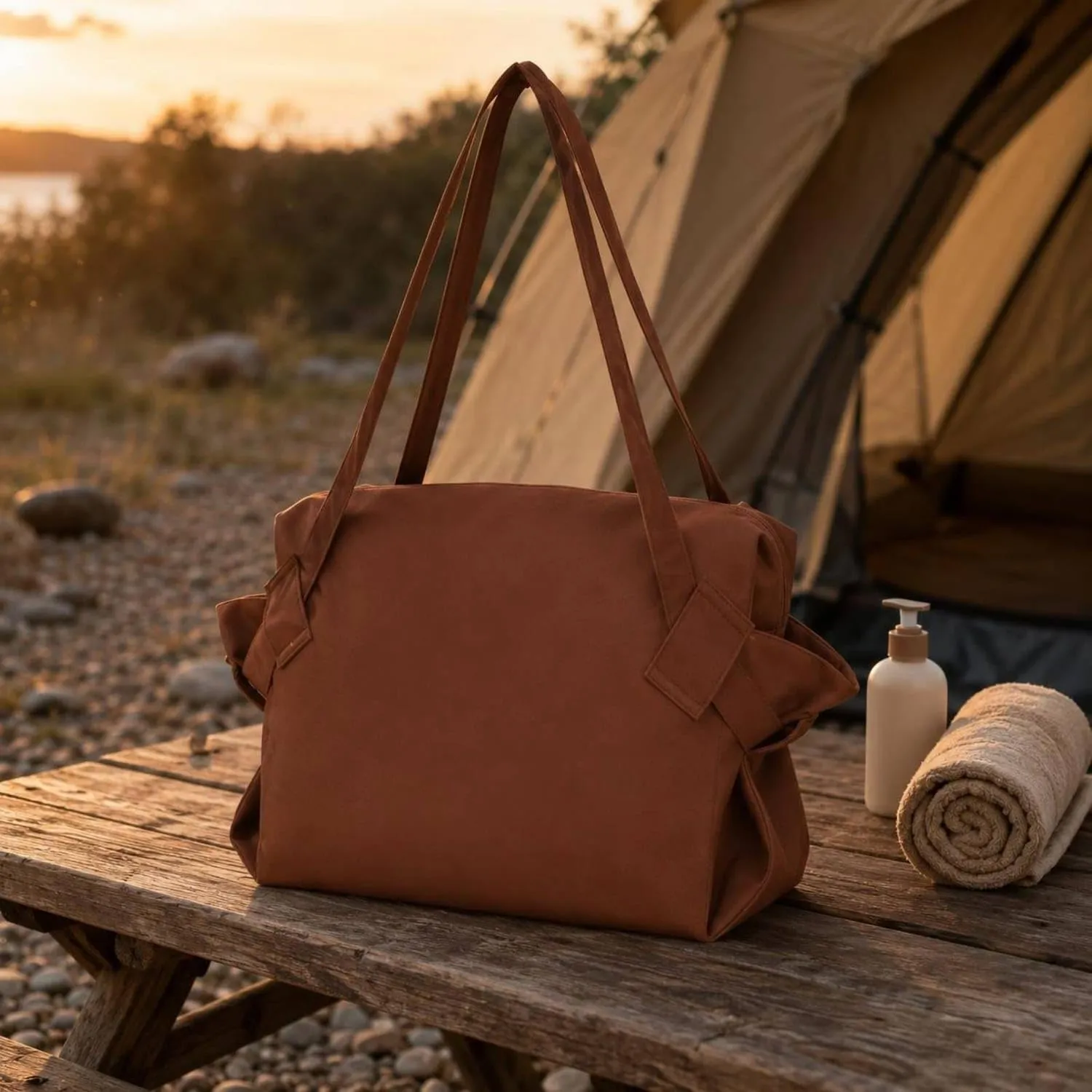 Brown storage tote at a campsite